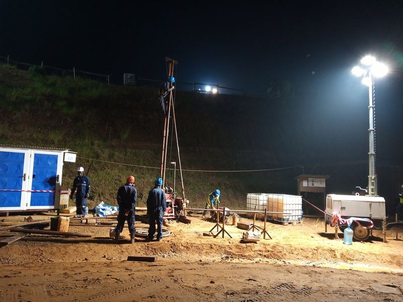 Night drilling under floodlights